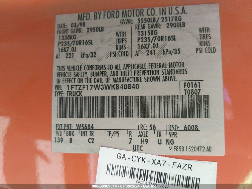 1998 Ford F150 VIN: 1FTZF17W3WKB40840 Lot: 39969314