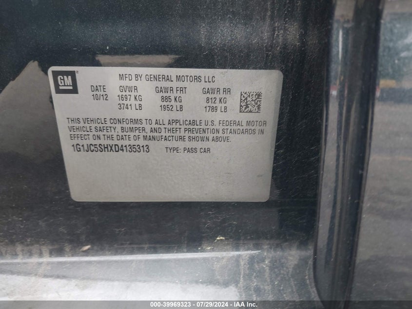 2013 Chevrolet Sonic Lt Auto VIN: 1G1JC5SHXD4135313 Lot: 39969323