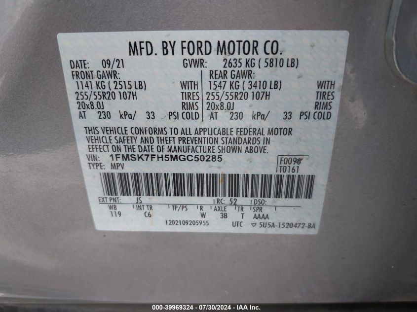 2021 Ford Explorer Limited VIN: 1FMSK7FH5MGC50285 Lot: 39969324