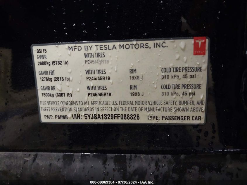 2015 Tesla Model S 70D/85D/P85D VIN: 5YJSA1S29FF088826 Lot: 39969384