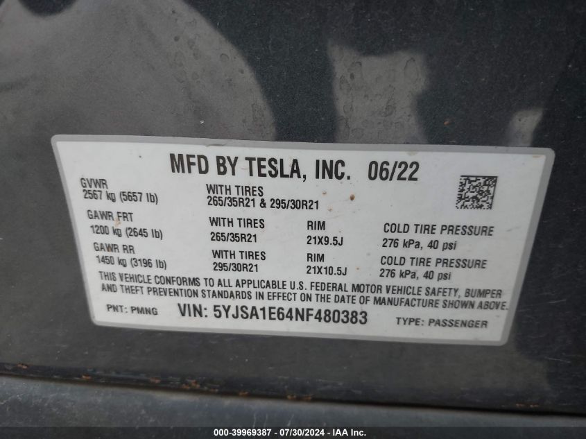 5YJSA1E64NF480383 2022 Tesla Model S