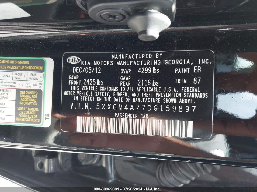 2013 Kia Optima Lx VIN: 5XXGM4A77DG159897 Lot: 39969391