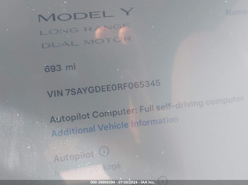 2024 Tesla Model Y Long Range Dual Motor All-Wheel Drive VIN: 7SAYGDEE0RF065345 Lot: 39969394