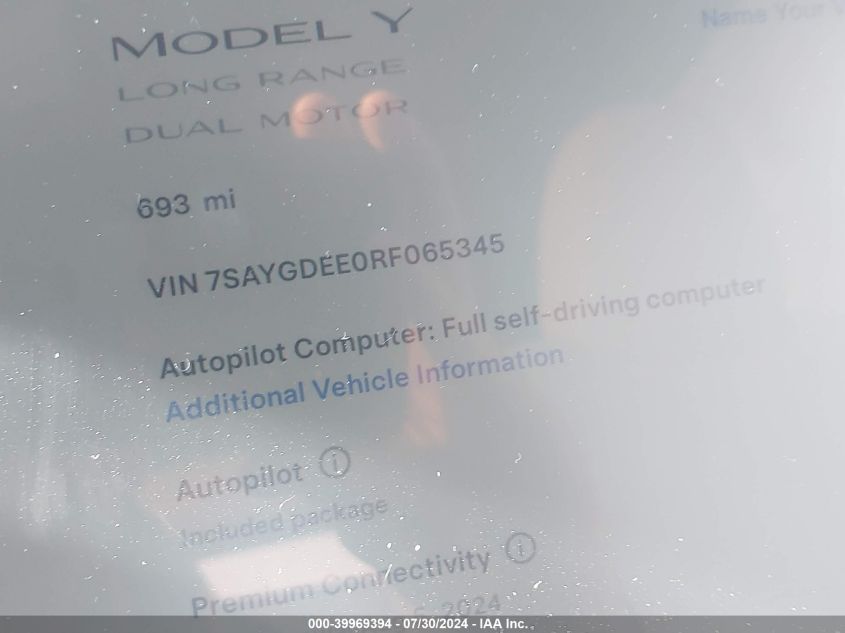 2024 Tesla Model Y Long Range Dual Motor All-Wheel Drive VIN: 7SAYGDEE0RF065345 Lot: 39969394