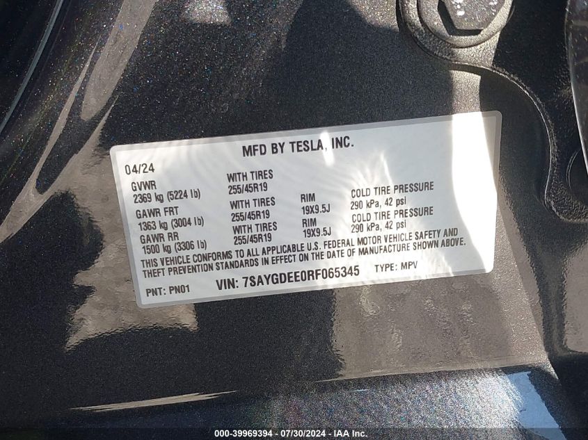 2024 Tesla Model Y Long Range Dual Motor All-Wheel Drive VIN: 7SAYGDEE0RF065345 Lot: 39969394