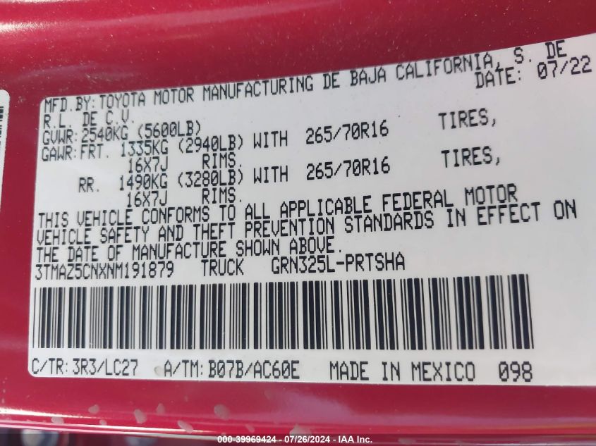 2022 Toyota Tacoma Trd Off Road VIN: 3TMAZ5CNXNM191879 Lot: 39969424