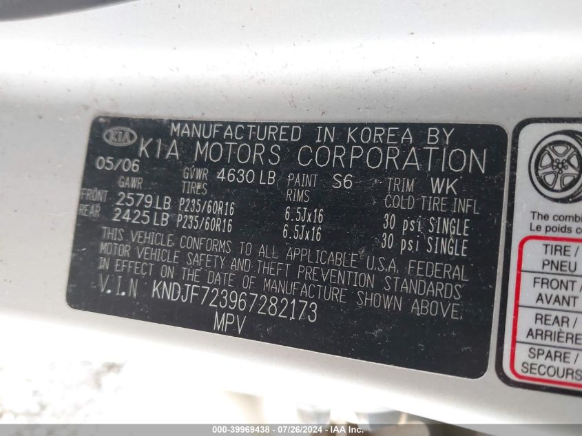 2006 Kia Sportage Ex V6/Lx V6 VIN: KNDJF723967282173 Lot: 39969438