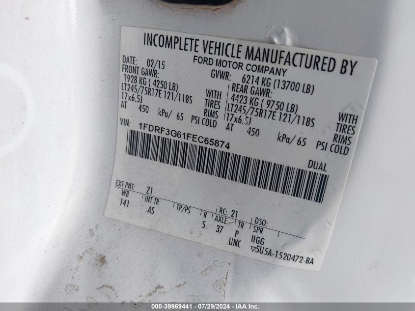 2015 Ford F350 Super Duty VIN: 1FDRF3G61FEC65874 Lot: 39969441