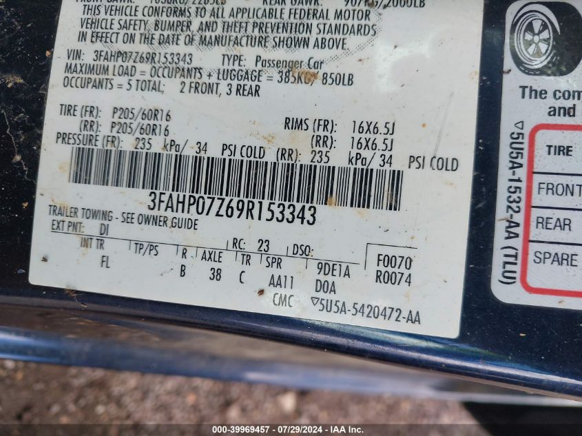 2009 Ford Fusion Se VIN: 3FAHP07Z69R153343 Lot: 39969457