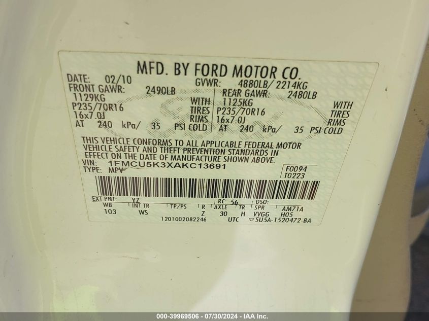 2010 Ford Escape Hybrid VIN: 1FMCU5K3XAKC13691 Lot: 39969506