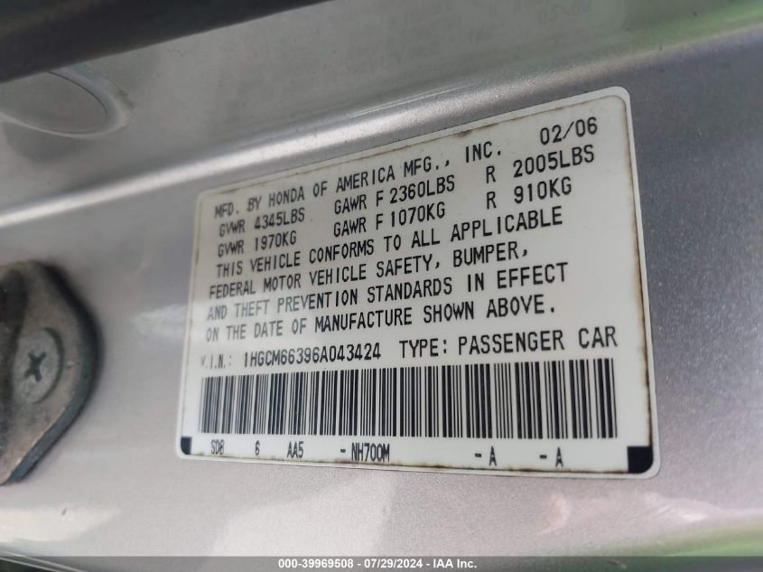 1HGCM66396A043424 | 2006 HONDA ACCORD