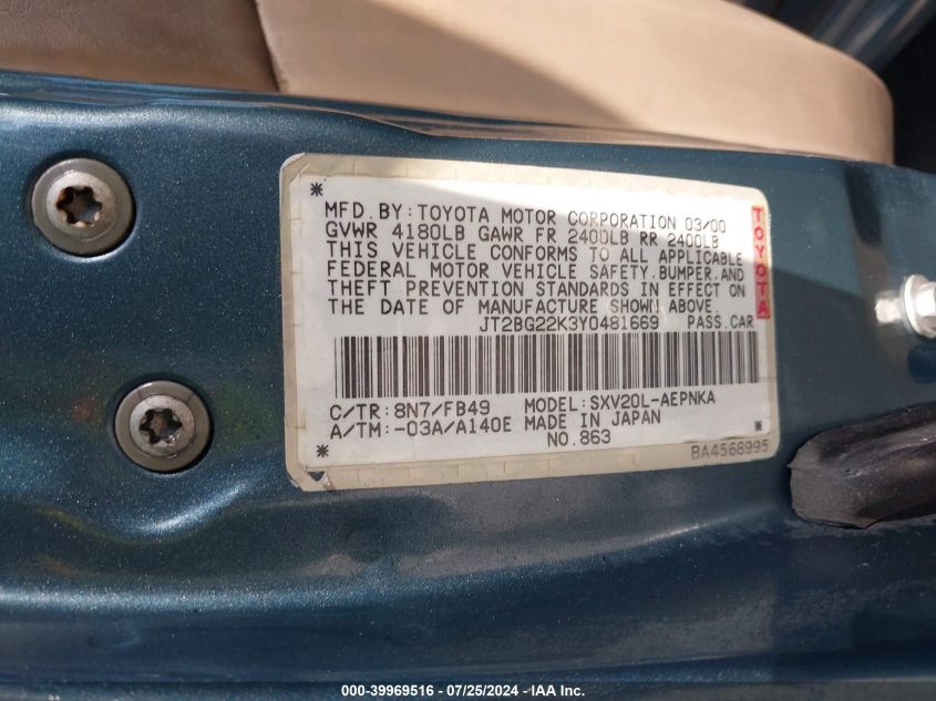 2000 Toyota Camry Ce/Le/Xle VIN: JT2BG22K3Y0481669 Lot: 39969516