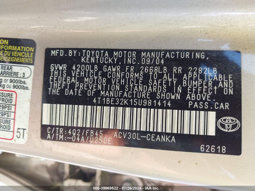 2005 Toyota Camry Std VIN: 4T1BE32K15U981414 Lot: 39969522