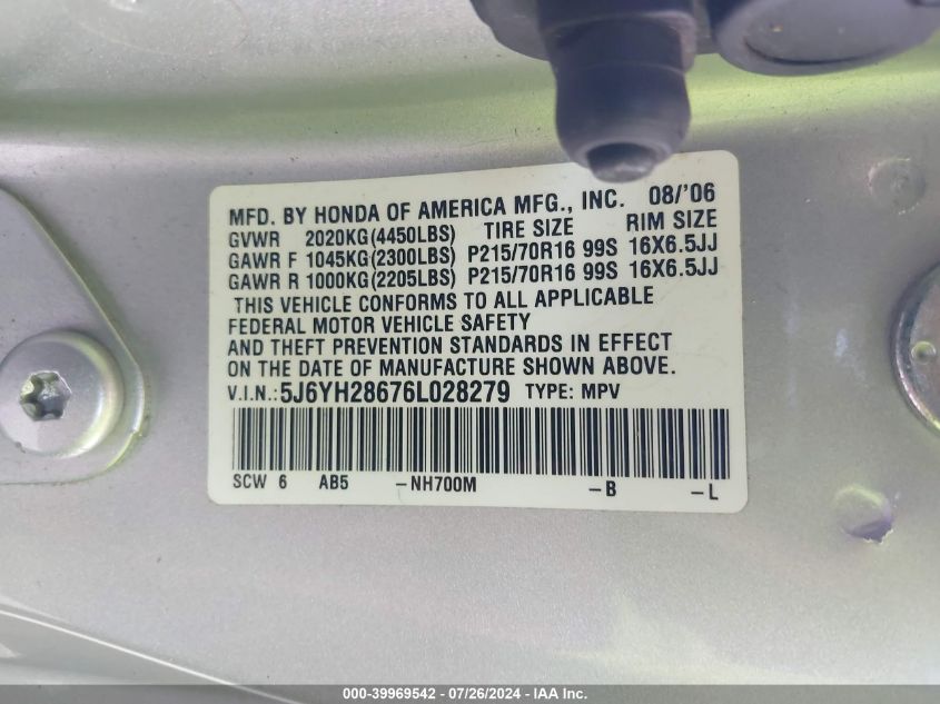 2006 Honda Element Ex VIN: 5J6YH28676L028279 Lot: 39969542