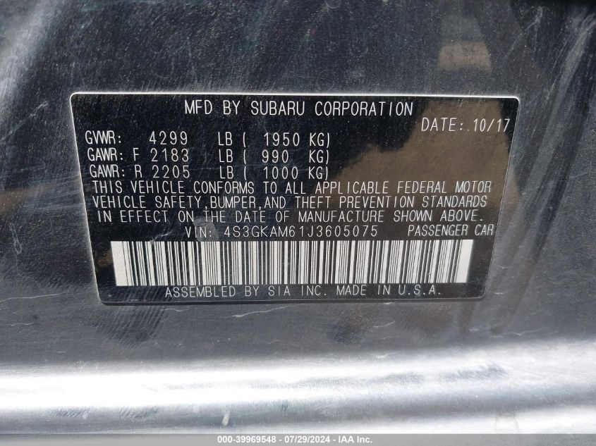 2018 Subaru Impreza 2.0I Sport VIN: 4S3GKAM61J3605075 Lot: 39969548
