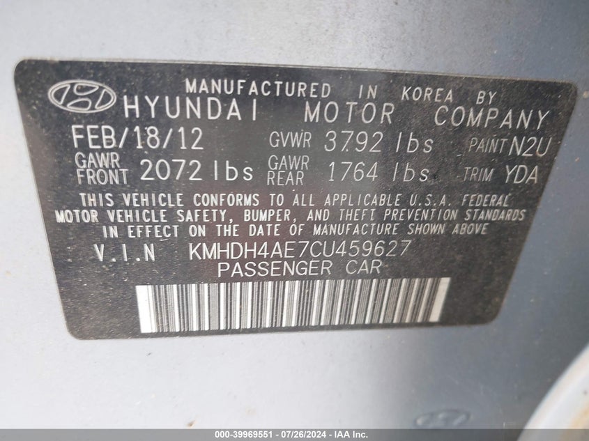 2012 Hyundai Elantra Gls (Ulsan Plant) VIN: KMHDH4AE7CU459627 Lot: 39969551