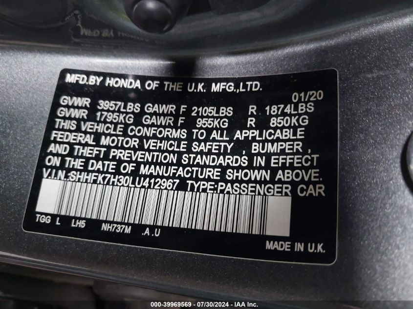 2020 Honda Civic Lx VIN: SHHFK7H30LU412967 Lot: 39969569