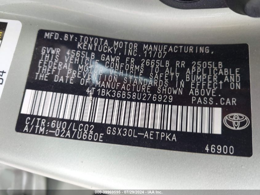 2008 Toyota Avalon Limited VIN: 4T1BK36B58U276929 Lot: 39969595