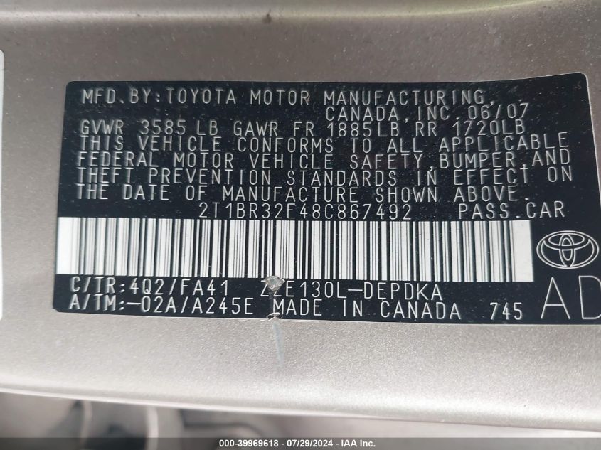 2008 Toyota Corolla Ce/Le/S VIN: 2T1BR32E48C867492 Lot: 39969618