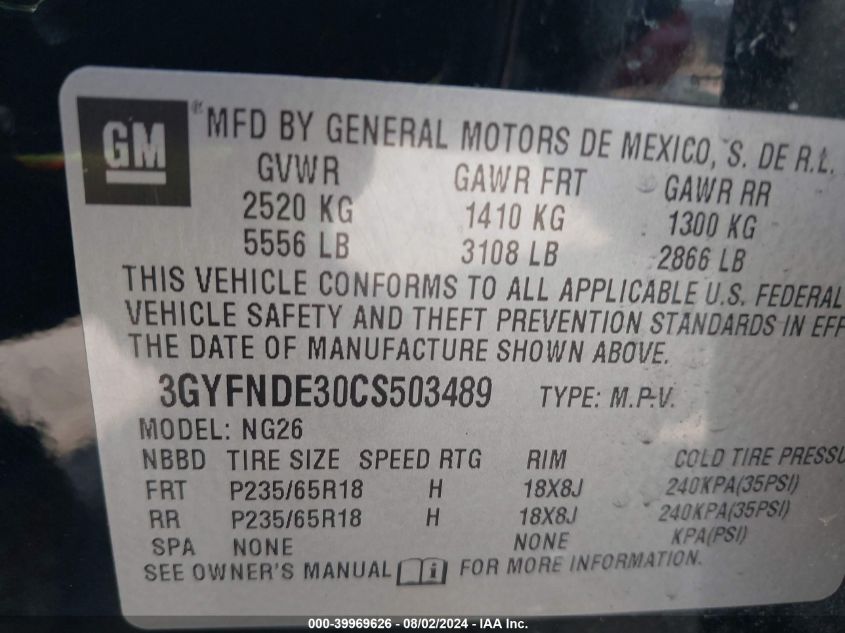 2012 Cadillac Srx Luxury Collection VIN: 3GYFNDE30CS503489 Lot: 39969626