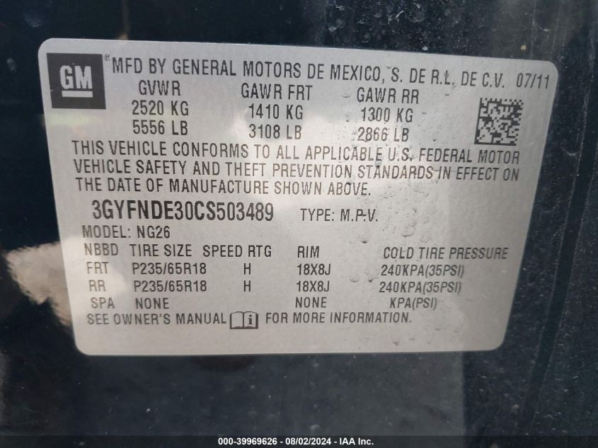 2012 Cadillac Srx Luxury Collection VIN: 3GYFNDE30CS503489 Lot: 39969626