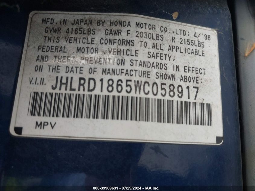 1998 Honda Cr-V Ex VIN: JHLRD1865WC058917 Lot: 39969631