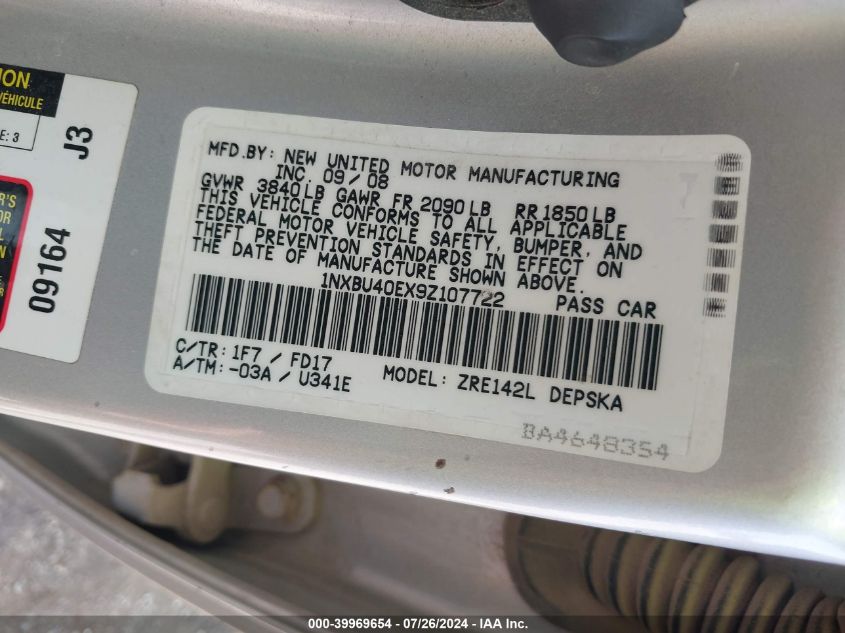 2009 Toyota Corolla S VIN: 1NXBU40EX9Z107722 Lot: 39969654