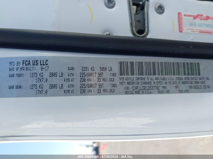 2018 Jeep Cherokee Latitude Fwd VIN: 1C4PJLCB2JD537702 Lot: 39969668