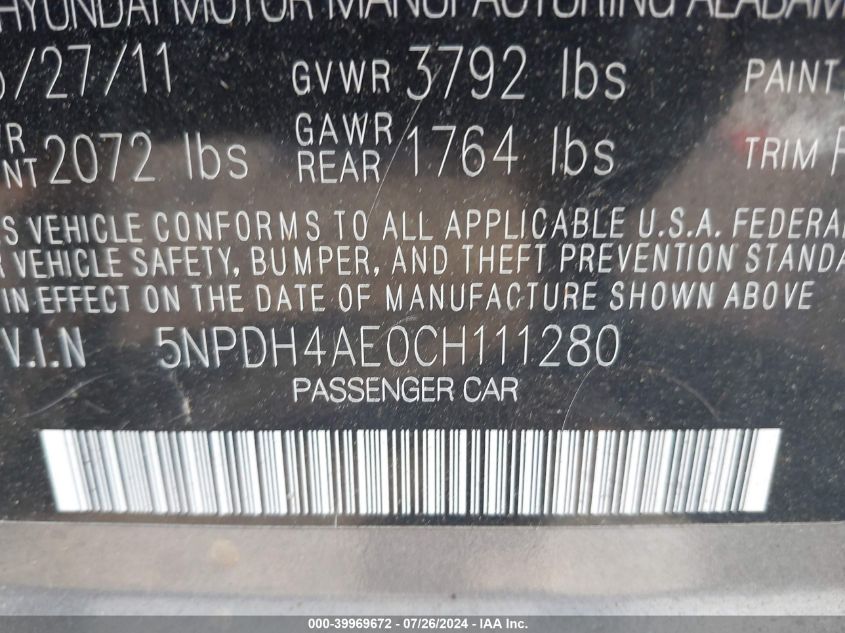 2012 Hyundai Elantra Limited VIN: 5NPDH4AE0CH111280 Lot: 39969672