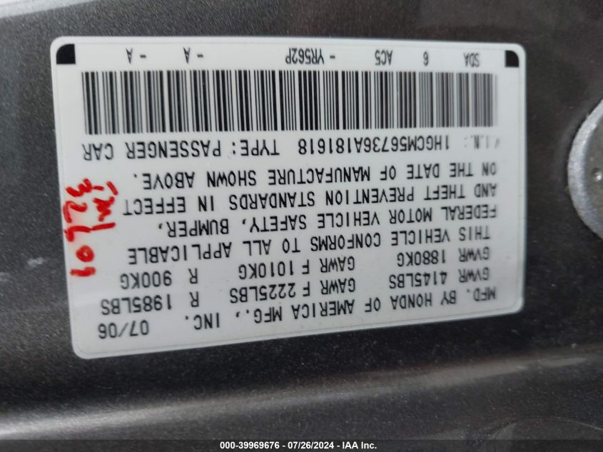 1HGCM56736A181618 | 2006 HONDA ACCORD