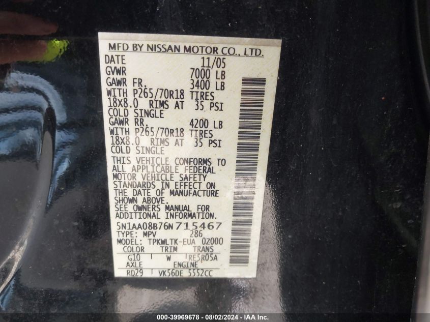 2006 Nissan Armada Se VIN: 5N1AA08B76N715467 Lot: 39969678