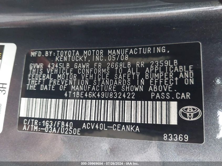 2009 Toyota Camry Le VIN: 4T1BE46K49U832422 Lot: 39969684
