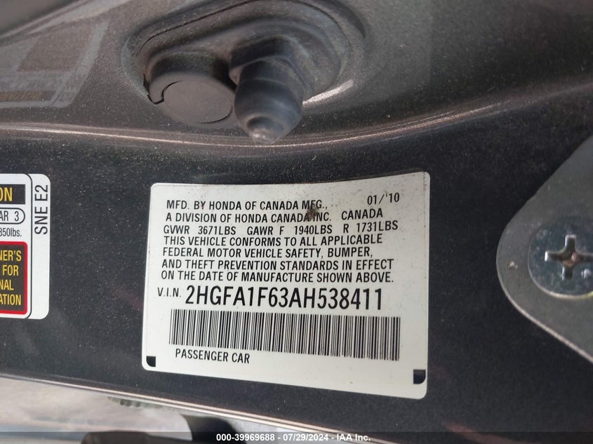 2010 Honda Civic Lx-S VIN: 2HGFA1F63AH538411 Lot: 39969688