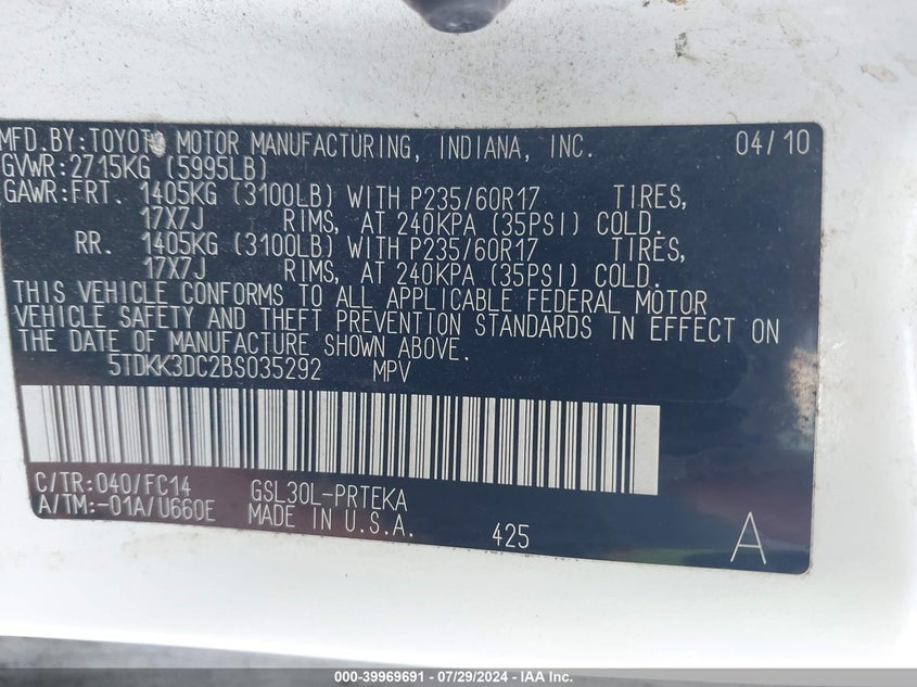 2011 Toyota Sienna Le VIN: 5TDKK3DC2BS035292 Lot: 39969691