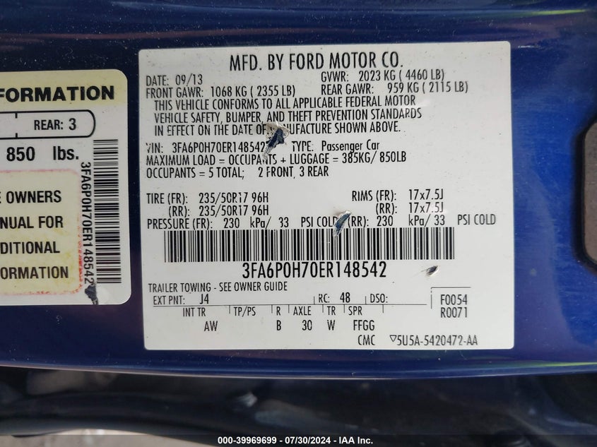 2014 Ford Fusion Se VIN: 3FA6P0H70ER148542 Lot: 39969699