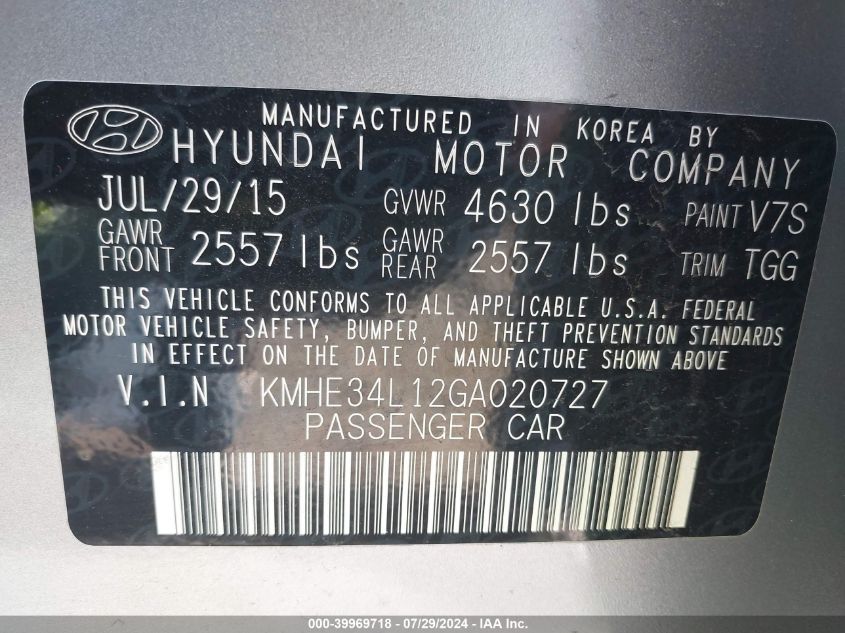 2016 Hyundai Sonata Hybrid Hybrid/Limited VIN: KMHE34L12GA020727 Lot: 39969718