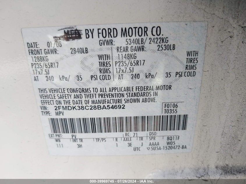 2008 Ford Edge Sel VIN: 2FMDK38C28BA54692 Lot: 39969745