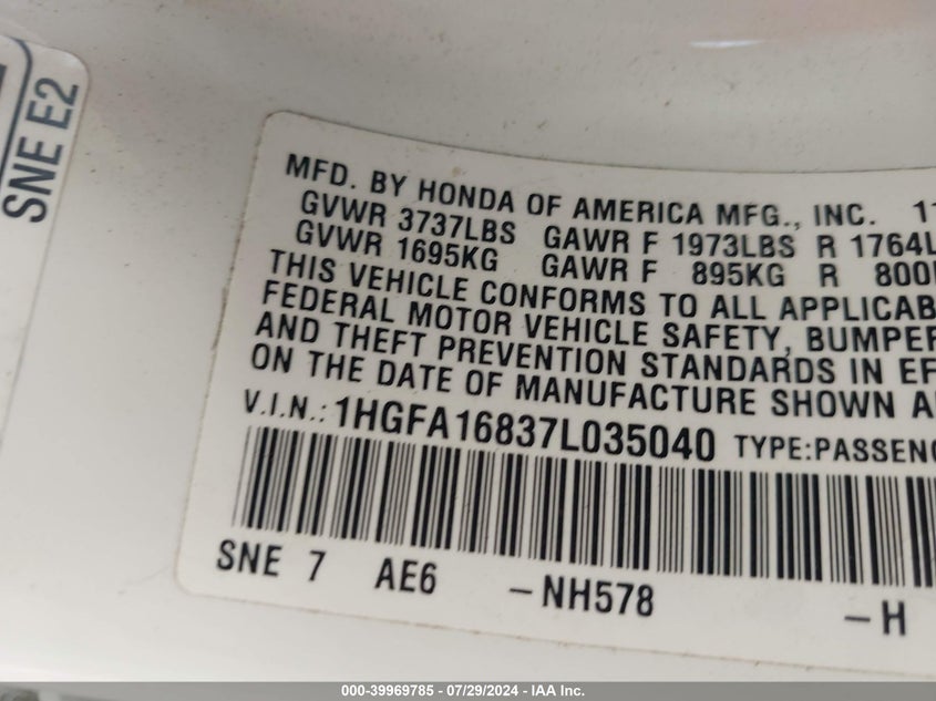 2007 Honda Civic Ex VIN: 1HGFA16837L035040 Lot: 39969785