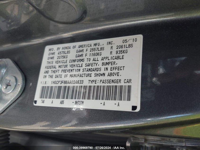 2010 Honda Accord Exl VIN: 1HGCP3F88AA024633 Lot: 39969790