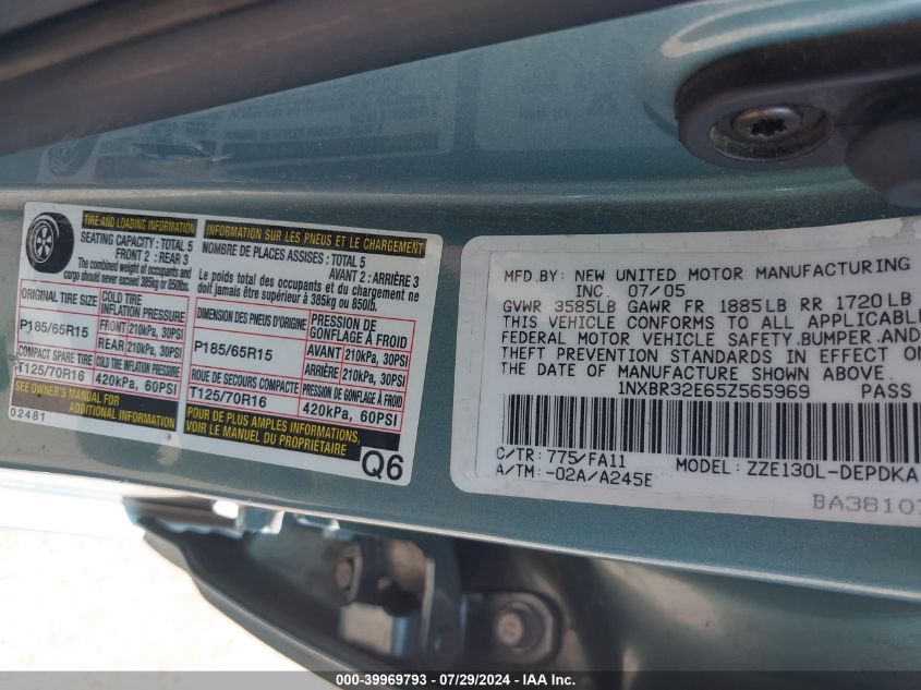 2005 Toyota Corolla Ce/Le/S VIN: 1NXBR32E65Z565969 Lot: 39969793