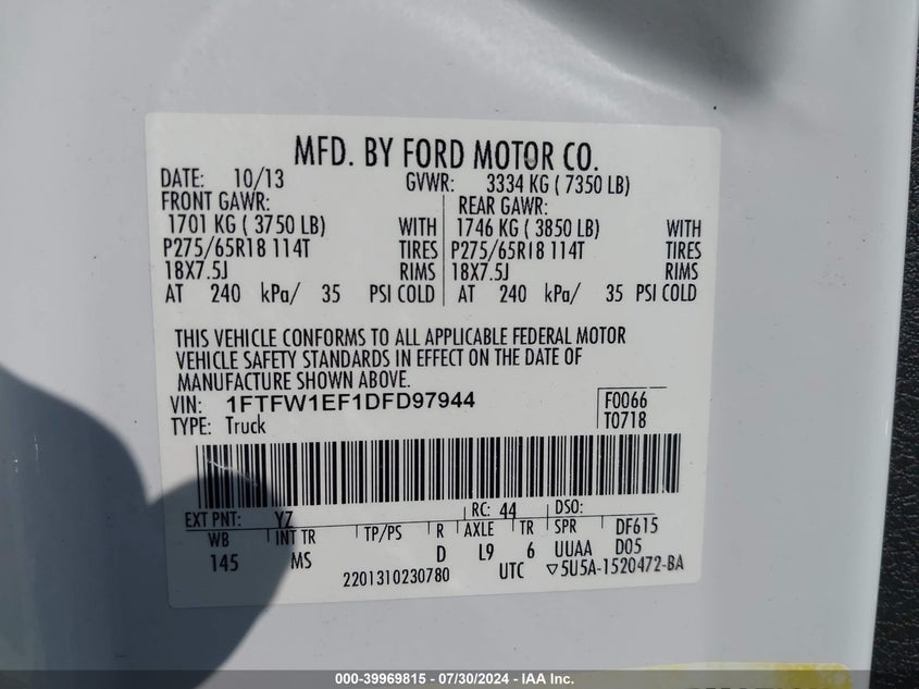 2013 Ford F-150 Xlt VIN: 1FTFW1EF1DFD97944 Lot: 39969815