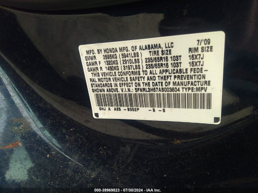 2010 Honda Odyssey Ex-L VIN: 5FNRL3H67AB003604 Lot: 39969823