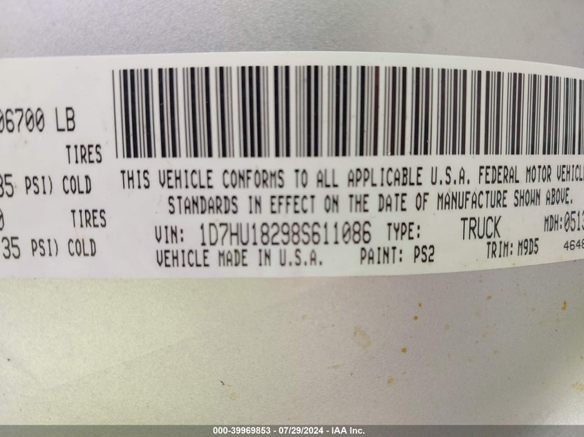 2008 Dodge Ram 1500 Slt VIN: 1D7HU18298S611086 Lot: 39969853
