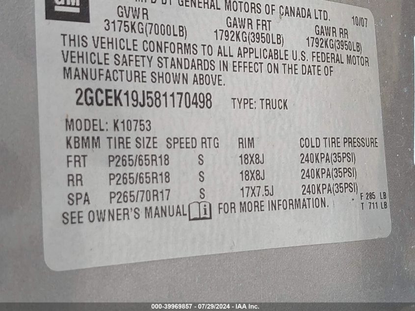 2008 Chevrolet Silverado 1500 K1500 VIN: 2GCEK19J581170498 Lot: 39969857