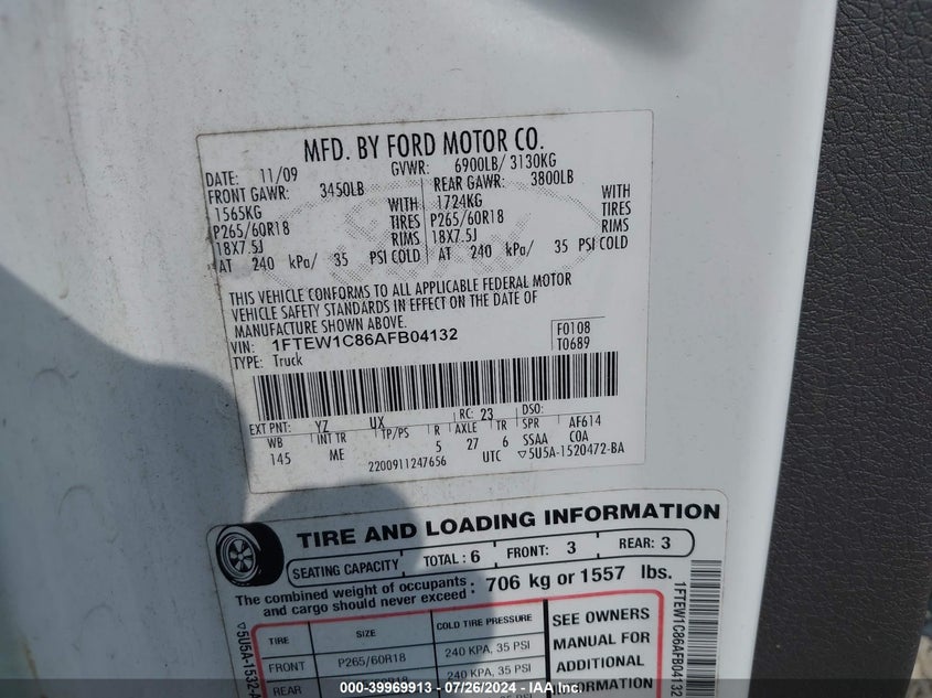 2010 Ford F-150 Fx2 Sport/Xl/Xlt VIN: 1FTEW1C86AFB04132 Lot: 39969913