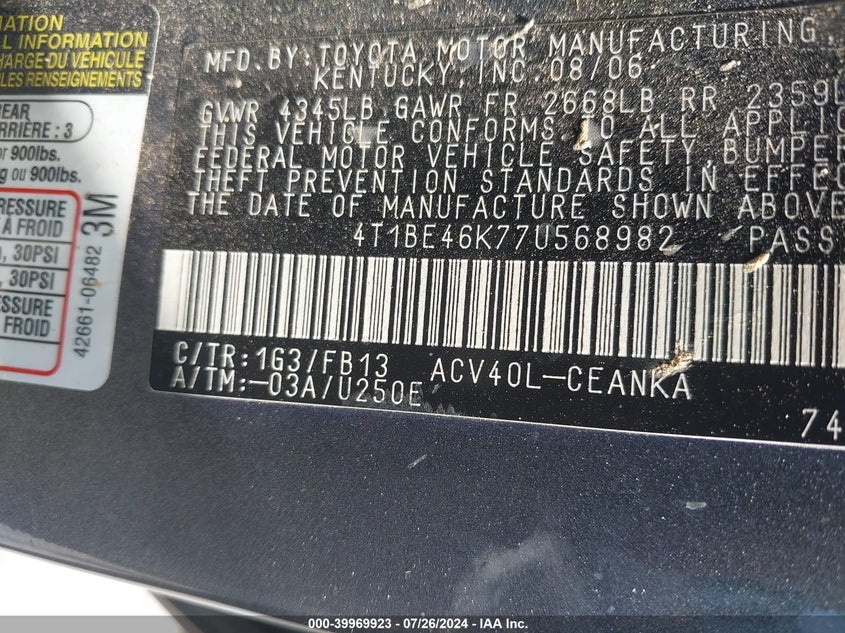 2007 Toyota Camry Le VIN: 4T1BE46K77U568982 Lot: 39969923
