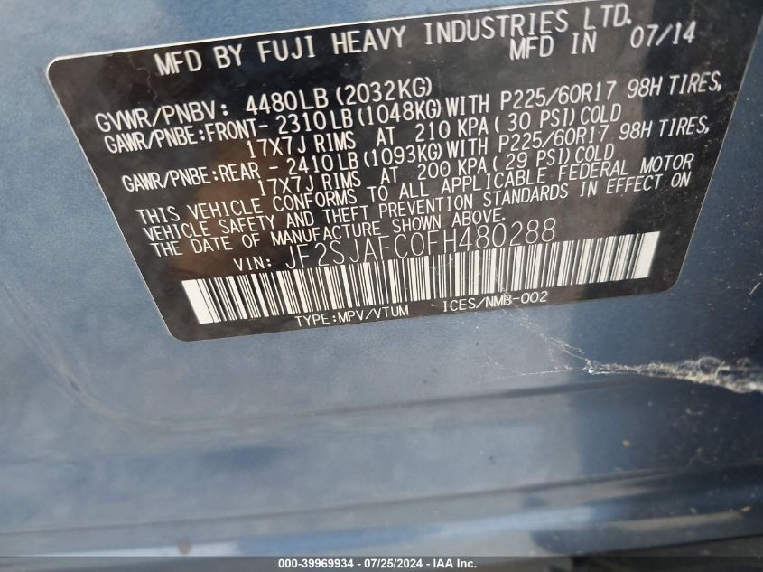 2015 Subaru Forester 2.5I Premium VIN: JF2SJAFC0FH480288 Lot: 39969934