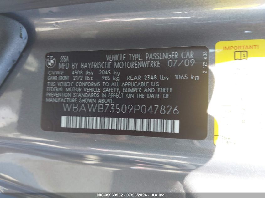 2009 BMW 335I VIN: WBAWB73509P047826 Lot: 39969962