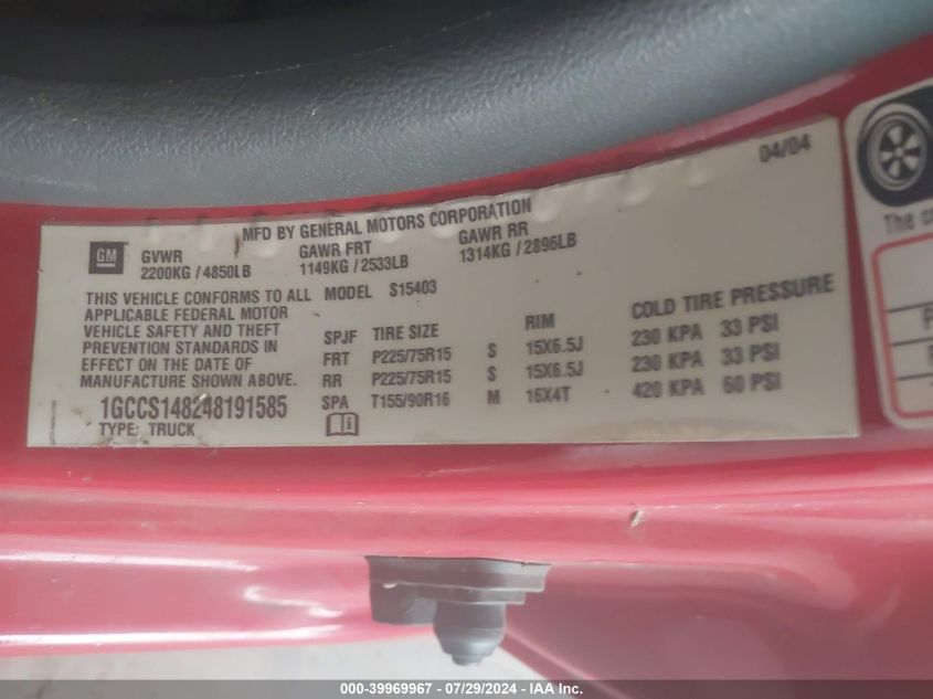 2004 Chevrolet Colorado Ls VIN: 1GCCS148248191585 Lot: 39969967