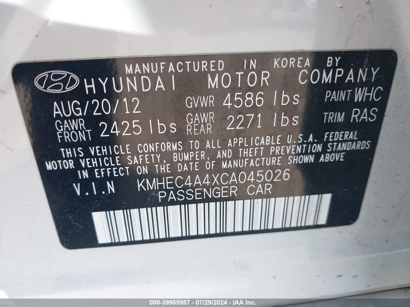 2012 Hyundai Sonata Hybrid VIN: KMHEC4A4XCA045026 Lot: 39969987